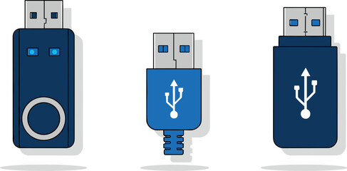 Modern Blue USB Flash Drive and Cable Connector Icon Set Vector for Computer Technology, Data Storage, and Digital Transfer.