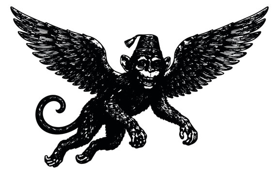 Hand drawn line art illustration of a winged monkey wearing a fez depicting it flying with a mischievous grin for fantasy and vintage designs