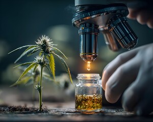 Gloved hand examines cannabis sample under microscope with golden liquid in small jar for research and medicine development in a laboratory.