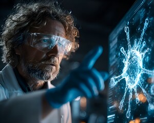 Focused scientist in lab coat analyzes digital virus model on screen with protective eyewear in advanced research environment for cure.