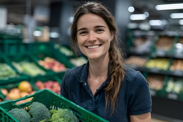 Happy young woman working at a grocery store holding a crate of broccoli and smiling cheerfully among fresh produce aisles at her workplace.