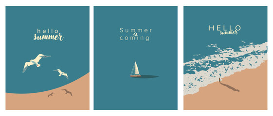 Summer is coming, hello summer, set of postcards, posters
