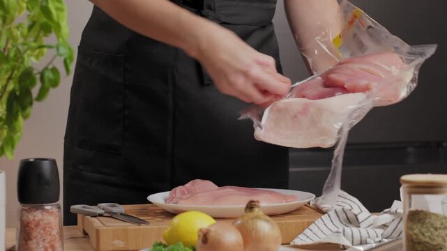 Close-up of woman taking raw chicken fillet from plastic package and placing it on plate on kitchen counter. Concept of home cooking and food preparation