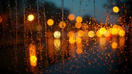 Raindrops on window glass at night with blurred city lights bokeh. Abstract, atmospheric background for seasonal or driving concepts.