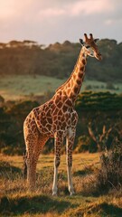 Obraz premium A giraffe standing tall in a sunlit savannah during golden hour. Concept Giraffe, Savannah, Golden Hour, Sunlit Scene, Wildlife Photography