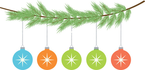 Retro Christmas Vector Illustration Set of Colorful Starburst Ornaments Hanging from Green Pine Branch, Ideal for Holiday Cards and Festive Winter Decoration.