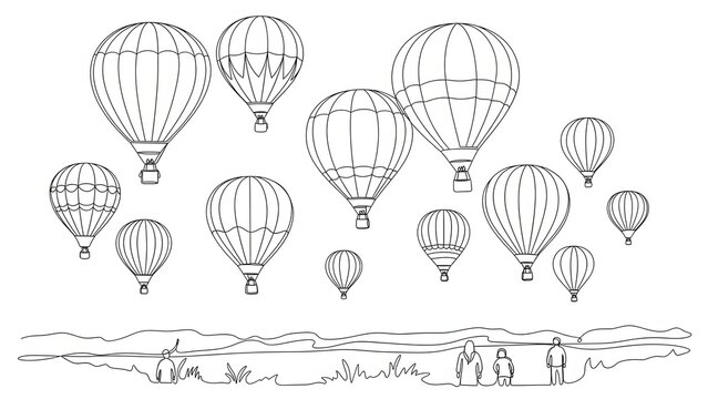 Hot air balloons flying in the sky line art