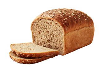 Whole grain bread loaf with two slices cut out showing texture and seeds isolated on a transparent background