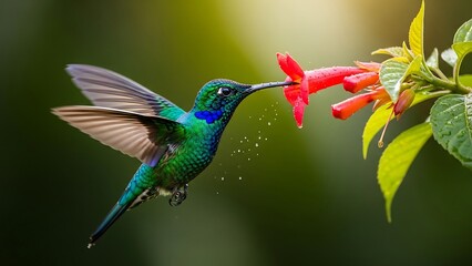 Hummingbird feeding on red flower.