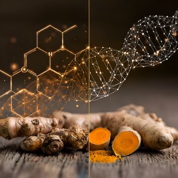 Fresh turmeric root and powder showcased with molecular structure and dna helix representing the benefits of natural remedies now and future.