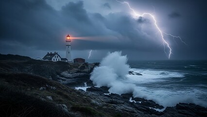 Lightning Storm over Rocky Coastline Ocean.