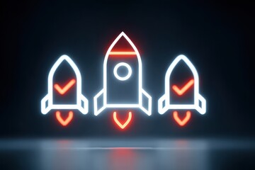 Idea creation and innovative product launch illustrated with rocket icons and idea symbols representing execution success