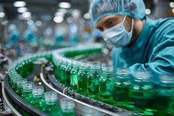 Obraz premium A focused factory worker oversees glass jars with green liquid moving along a conveyor belt in a pharmaceutical manufactu plant area.