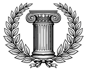 Hand drawn line art illustration of an Ionic column with a laurel wreath and bow depicting classic history for academic awards