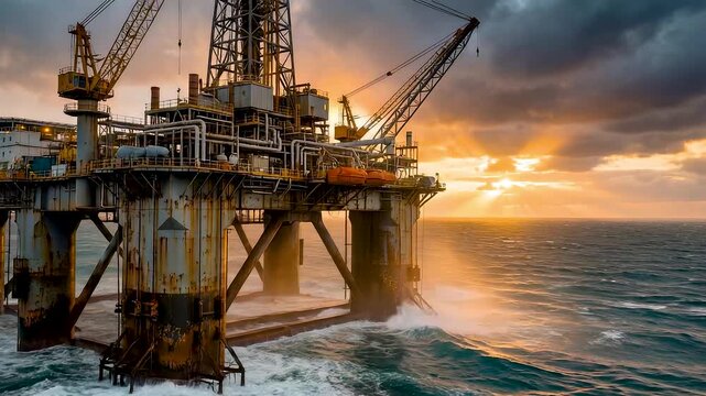 Offshore oil platform at sunset rising above rough ocean waves, heavy steel structure supporting energy production in dramatic maritime conditions