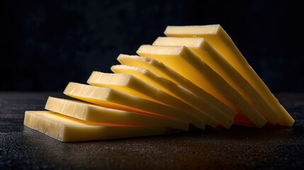 Golden-hued cheese slices arranged artistically in diagonal cascade on dark surface, showcasing dairy richness and culinary elegance perfect for food photography, gourmet advertising and premium 