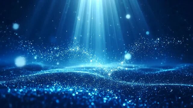 Abstract blue background with light beams and shimmering particles creating a magical atmosphere.