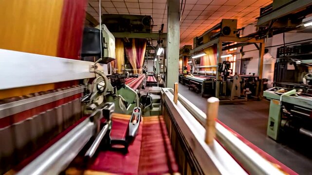 High speed textile weaving factory with automated looms producing fabric rolls, industrial machinery, motion blur and precision workflow