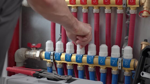 Close-up of technician adjusting control knobs on underfloor heating manifold with with red and blue pipes in circuits. Concept of heating system maintenance and plumbing service