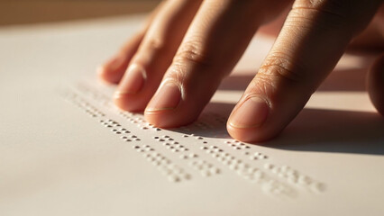 A hand gently reads Braille on paper, emphasizing the crucial role of touch in communication and learning for the visually impaired, fostering accessibility and inclusion