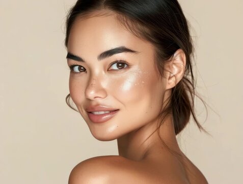 A woman with a tan complexion and brown eyes is posing for a photo. She has a natural, fresh look to her face, and her hair is pulled back into a bun. The photo is likely meant to showcase her beauty