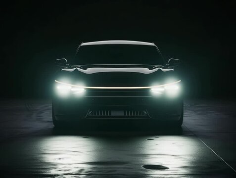 A black car with a bright light on the hood. The car is in a dark room. The car is the main focus of the image.