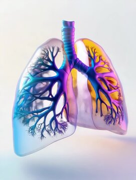 Colorful lung with purple and blue branches. The lung is shown in a clear plastic container