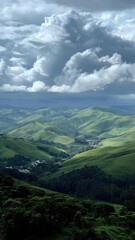 Obraz premium Emerald green rolling hills form a valley with a small village, beneath dramatic storm clouds. Concept Landscape Photography, Moody Skies, Village in a Valley, Rolling Hills, Dramatic Weather