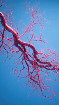 A branching network of red blood vessels against a blue sky. Concept Vascular Patterns in Nature, Red Veins Against a Blue Sky, Organic Branching Lines, Color Contrast Abstract