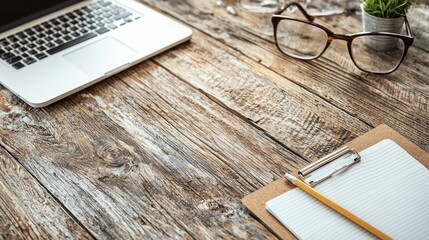 Rustic wooden desk, laptop, glasses, notepad; workspace background, website banner