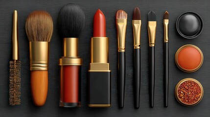 Makeup tools and cosmetics set arranged on a dark background for beauty and personal care needs
