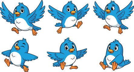 Set of Six Cute Cartoon Blue Bird Characters Flying, Running, and Winking Vector for Children's Nature Themes and Graphic Design.