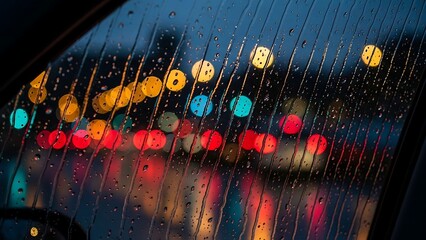 Rainy night city traffic lights blur.
