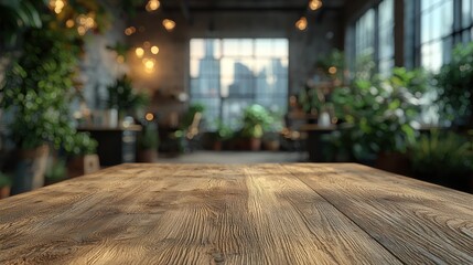 Wooden table in a plant-filled urban office, city view