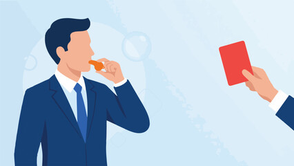 Whistleblower in business suit blowing whistle receives red card