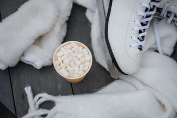 skates on a bench. winter fun. figure skating