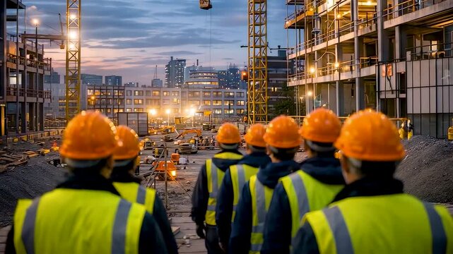 Construction workforce in safety helmets observing large urban building site at dusk with cranes, lighting and coordinated infrastructure development