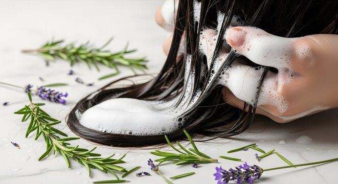 Washing dark hair with herbal shampoo and lather surrounded by r