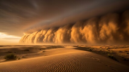 Sandstorm approaching desert landscape at sunset.