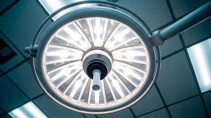 Brightly lit circular surgical lamp, centered from a low-angle perspective in a modern operating room, providing intense illumination for medical operations..png