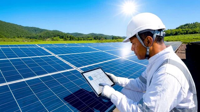 Engineer inspecting solar panel array with tablet under bright sunlight in renewable energy field, clean power generation and sustainable technology