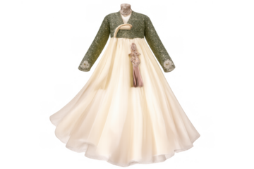 Hanbok traditional korean dress with green jeogori and cream chima skirt, featuring intricate embroidery and norigae ornament, transparent background
