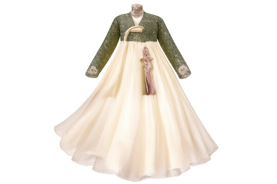 Hanbok traditional korean dress with green jeogori and cream chima skirt, featuring intricate embroidery and norigae ornament, transparent background