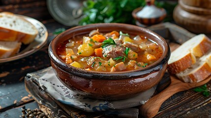 A rustic bowl of hearty vegetable soup with bread slices on a wooden surface and herbs backdrop