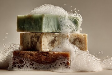 Colorful soap bars stacked on a flat surface with bubbles forming around them