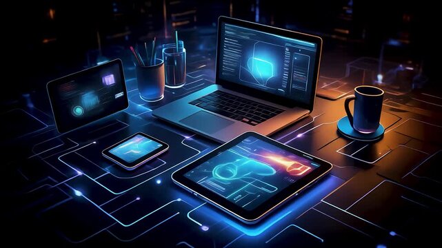 Futuristic workspace with glowing technology devices animation