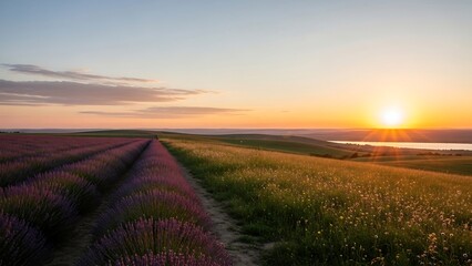 Sunset over a rural landscape field.