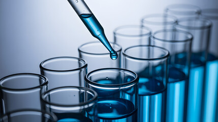 Close-up of a pipette dropping blue liquid into test tubes, symbolizing pharmaceutical research and medical discovery..png