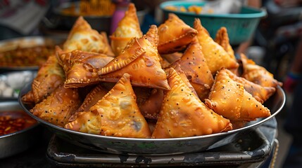 A close up shot of a pile of golden brown samosas on a silver tray ready to be served and enjoyed
