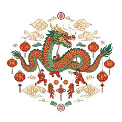 A vibrant cartoon dragon surrounded by clouds, lanterns, and people in traditional attire, conveying a festive and cultural scene with a mix of red, orange, and green hues against a clean